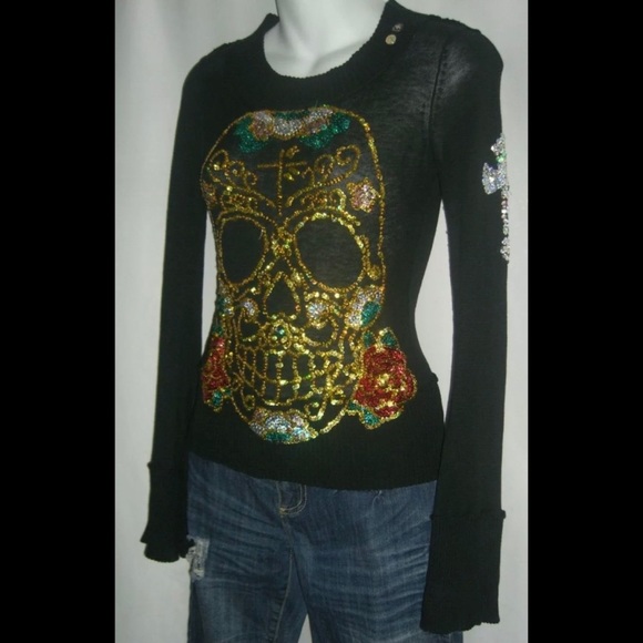Joystick By Johnny Was Black Silk Skull Roses Cross Sequin Sweater JWLA Biya XS - Picture 3 of 11